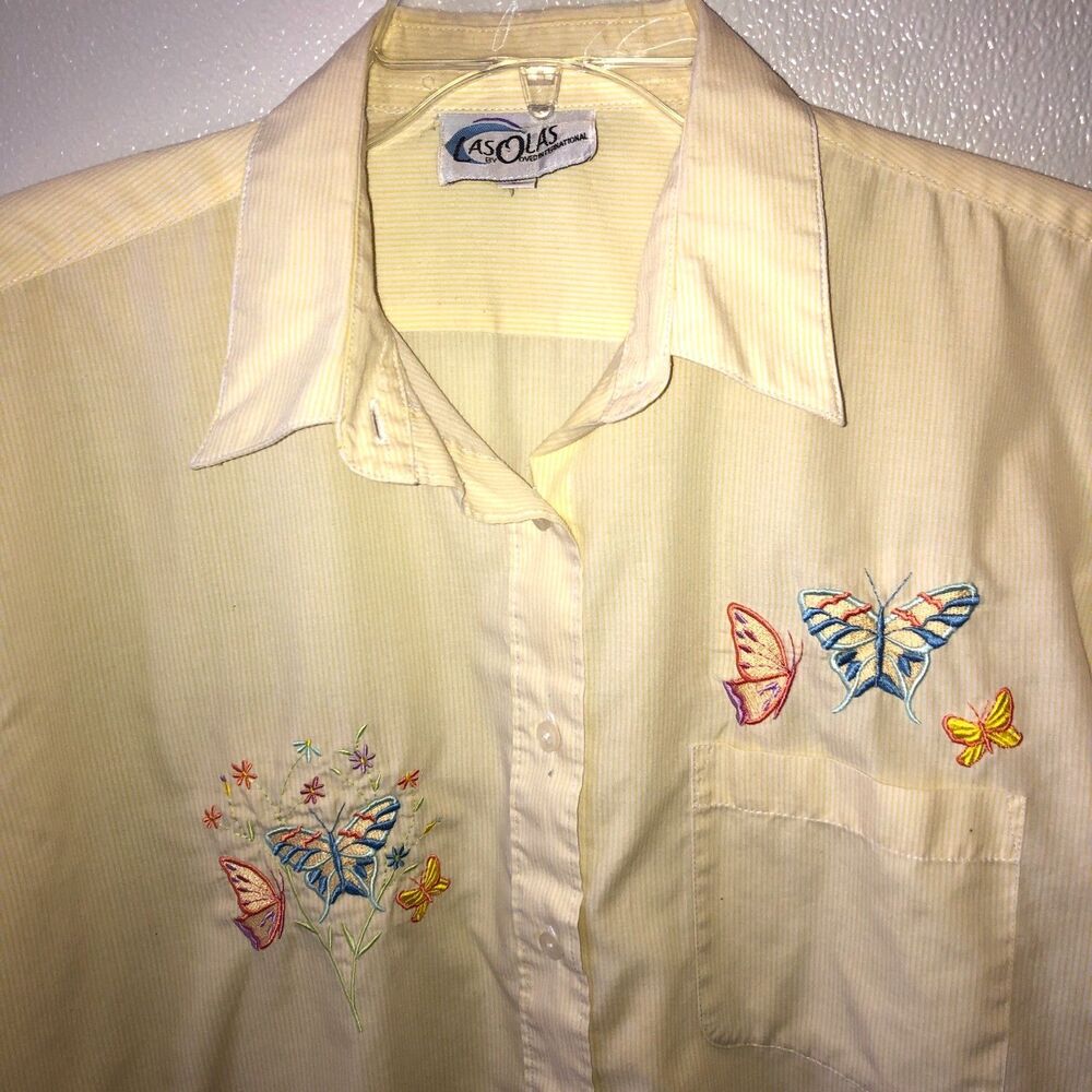 VTG Las Olas Womens Large Yellow Striped Butterfly Button Up Top Blouse Shirt L - Picture 4 of 12